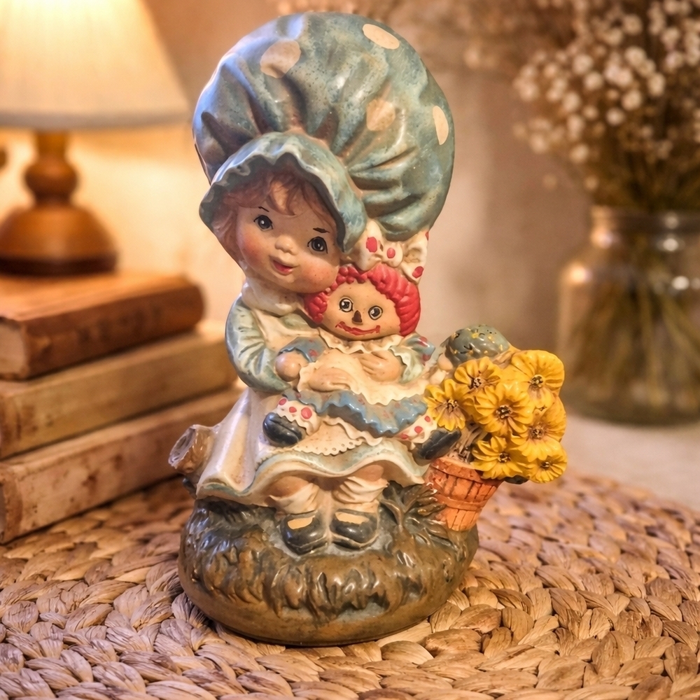 Vintage Charming Ceramic Figurine with Child And Raggety Ann Doll 1974